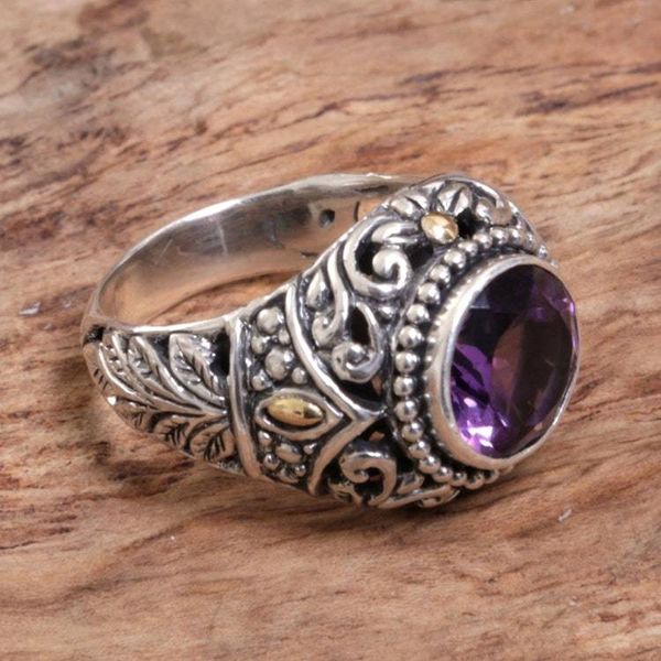 Alternate image for Gold Accent Amethyst Leaf Motif Cocktail Ring from Indonesia Leafy Purple