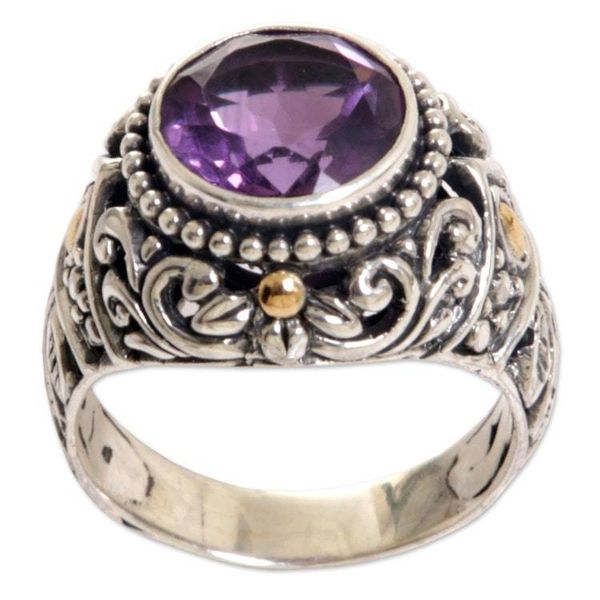 Alternate image for Gold Accent Amethyst Leaf Motif Cocktail Ring from Indonesia Leafy Purple