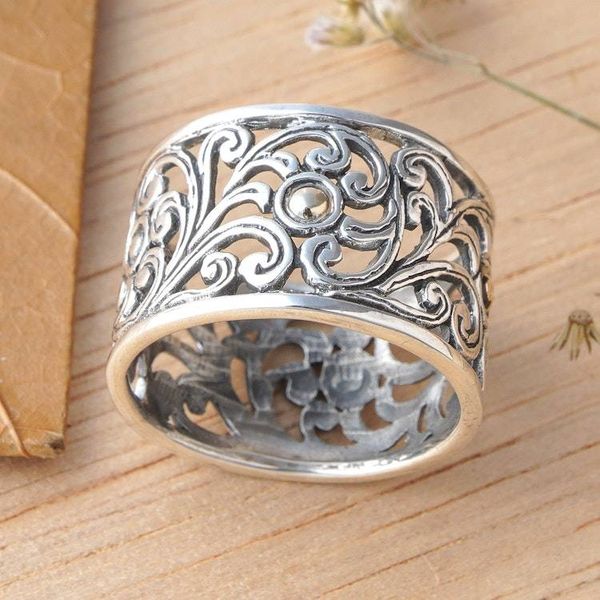 Alternate image for Vine-Themed Openwork Silver Band Ring with 18k Gold Accents Blooms of Glory