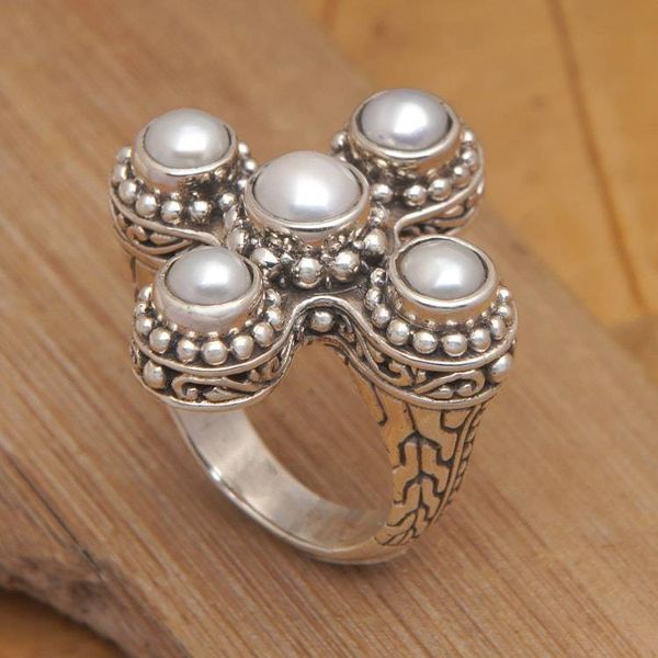 Alternate image for Classic Balinese Sterling Silver White Pearl Cocktail Ring Pearl Crossing