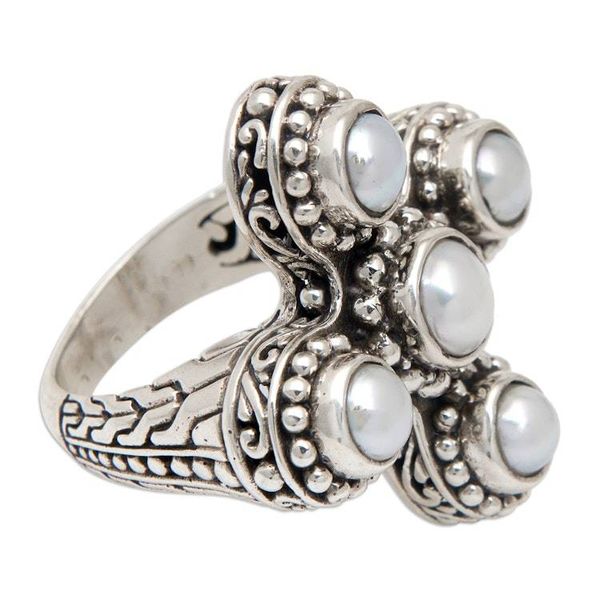 Alternate image for Classic Balinese Sterling Silver White Pearl Cocktail Ring Pearl Crossing