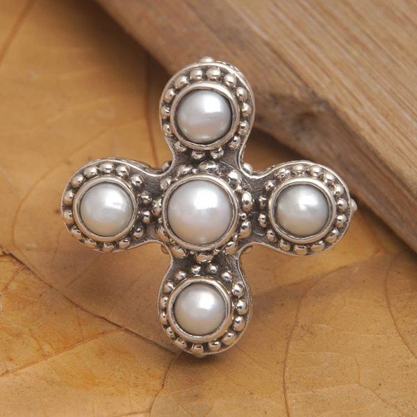 Alternate image for Classic Balinese Sterling Silver White Pearl Cocktail Ring Pearl Crossing