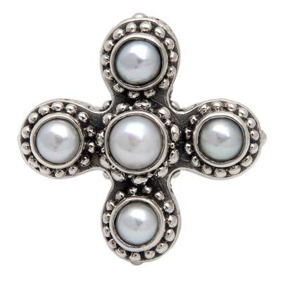 Alternate image for Classic Balinese Sterling Silver White Pearl Cocktail Ring Pearl Crossing