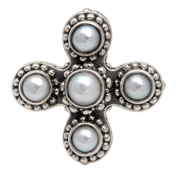 Alternate image for Classic Balinese Sterling Silver White Pearl Cocktail Ring Pearl Crossing