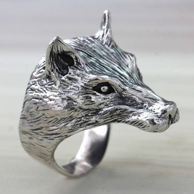 Primary image for Animal Themed Sterling Silver Wolf Ring for Men Wolf Courage