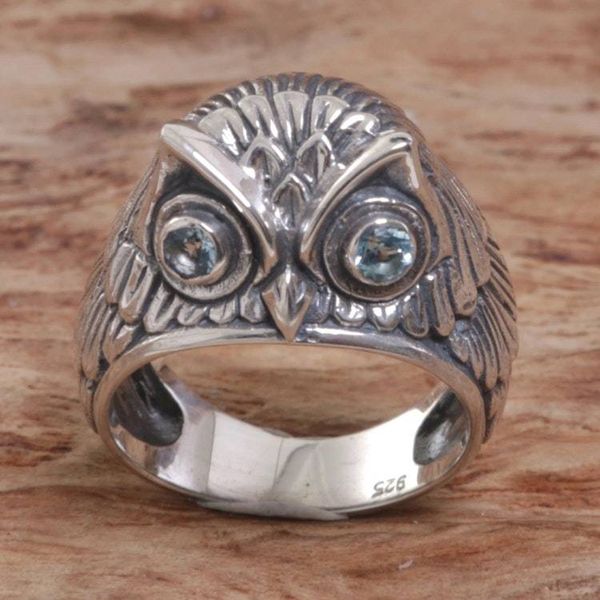 Alternate image for Sterling Silver Blue Topaz Owl Domed Ring from Indonesia Night Watcher in Blue