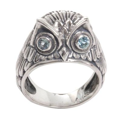 Alternate image for Sterling Silver Blue Topaz Owl Domed Ring from Indonesia Night Watcher in Blue
