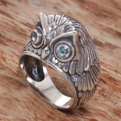 Alternate image for Sterling Silver Blue Topaz Owl Domed Ring from Indonesia Night Watcher in Blue