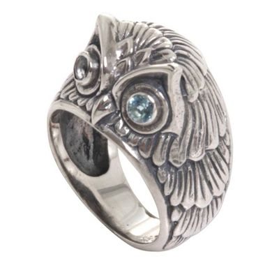 Alternate image for Sterling Silver Blue Topaz Owl Domed Ring from Indonesia Night Watcher in Blue
