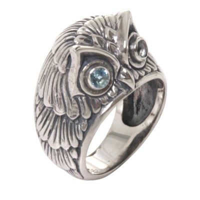 Alternate image for Sterling Silver Blue Topaz Owl Domed Ring from Indonesia Night Watcher in Blue