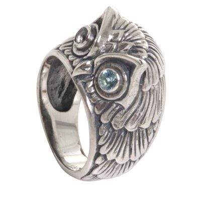 Alternate image for Sterling Silver Blue Topaz Owl Domed Ring from Indonesia Night Watcher in Blue