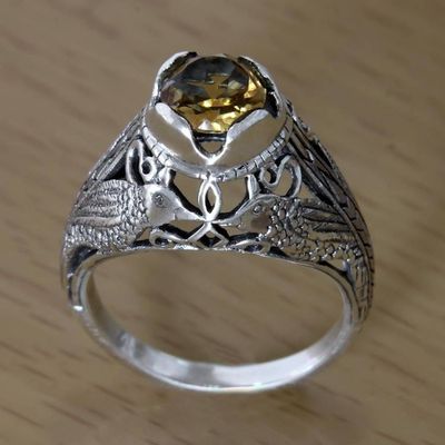 Alternate image for Kissing Birds in Sterling Silver Citrine Solitaire Ring Starling Romance
