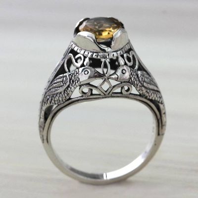 Alternate image for Kissing Birds in Sterling Silver Citrine Solitaire Ring Starling Romance