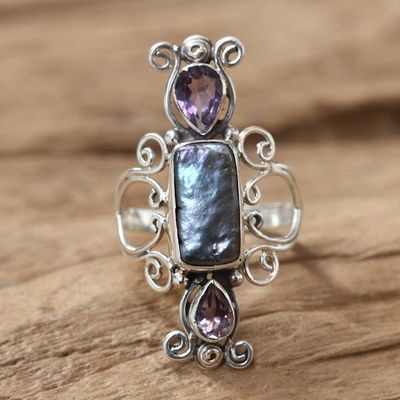 Primary image for Pearl and Amethyst Silver Cocktail Ring Lavender Myths