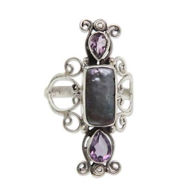 Alternate image for Pearl and Amethyst Silver Cocktail Ring Lavender Myths