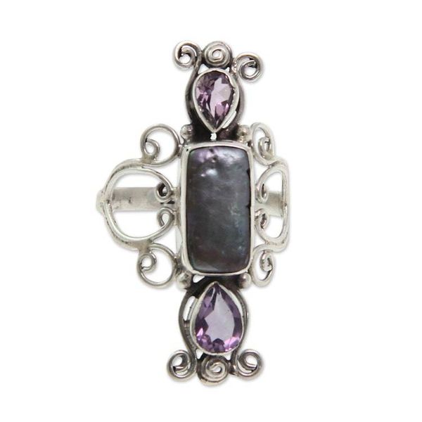 Alternate image for Pearl and Amethyst Silver Cocktail Ring Lavender Myths