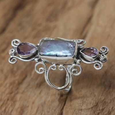 Alternate image for Pearl and Amethyst Silver Cocktail Ring Lavender Myths