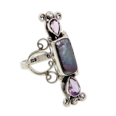 Alternate image for Pearl and Amethyst Silver Cocktail Ring Lavender Myths