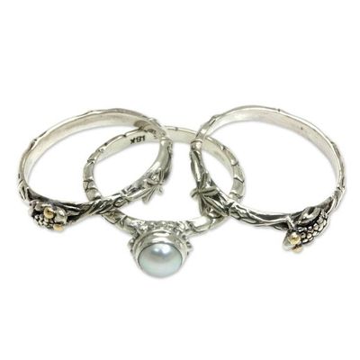 Alternate image for Cultured Pearl and Sterling Silver Stacking Rings set of 3 Tree Frog