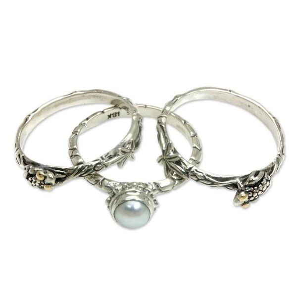 Alternate image for Cultured Pearl and Sterling Silver Stacking Rings set of 3 Tree Frog