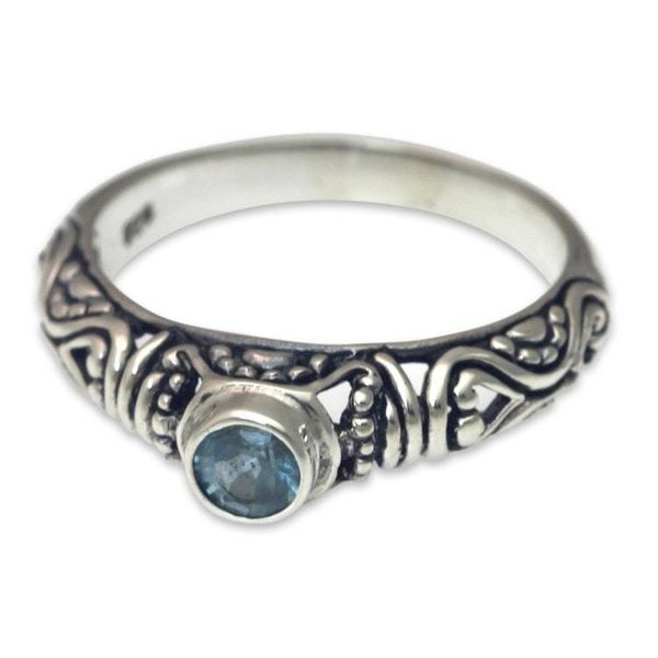 Alternate image for Blue Topaz Artisan Crafted Bali Silver Solitaire Ring Hearts Connected