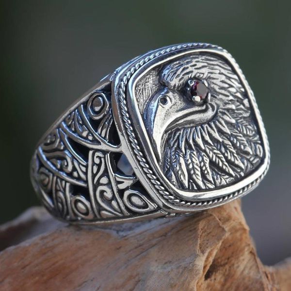 Alternate image for Eagle Theme Handcrafted Sterling Silver and Garnet Ring Java Eagle
