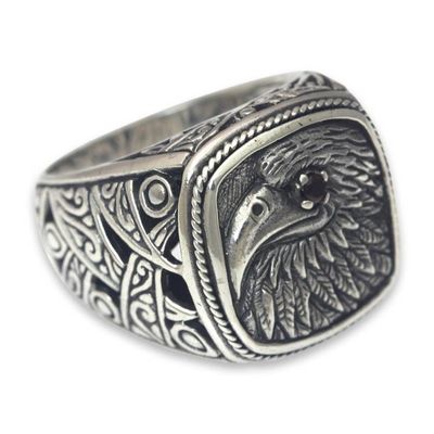 Alternate image for Eagle Theme Handcrafted Sterling Silver and Garnet Ring Java Eagle