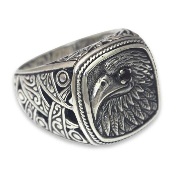 Alternate image for Eagle Theme Handcrafted Sterling Silver and Garnet Ring Java Eagle