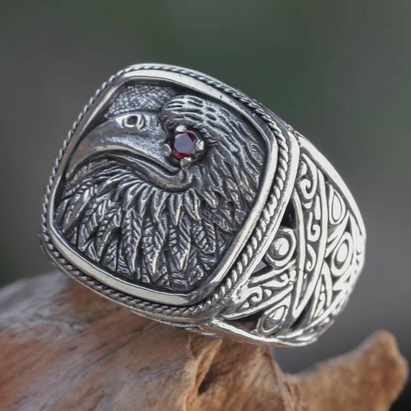 Alternate image for Eagle Theme Handcrafted Sterling Silver and Garnet Ring Java Eagle