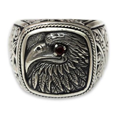 Alternate image for Eagle Theme Handcrafted Sterling Silver and Garnet Ring Java Eagle