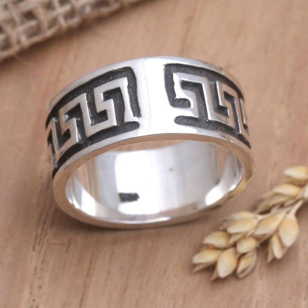 Alternate image for Wide Sterling Silver Mens Ring with Fretwork Design Ancient Fretwork