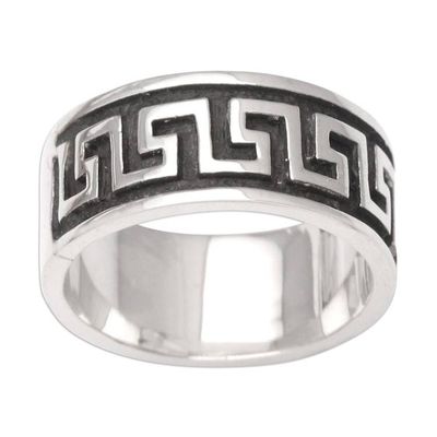 Alternate image for Wide Sterling Silver Mens Ring with Fretwork Design Ancient Fretwork