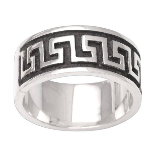 Alternate image for Wide Sterling Silver Mens Ring with Fretwork Design Ancient Fretwork