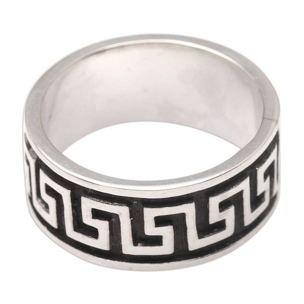 Alternate image for Wide Sterling Silver Mens Ring with Fretwork Design Ancient Fretwork