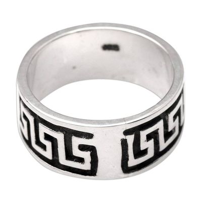 Alternate image for Wide Sterling Silver Mens Ring with Fretwork Design Ancient Fretwork