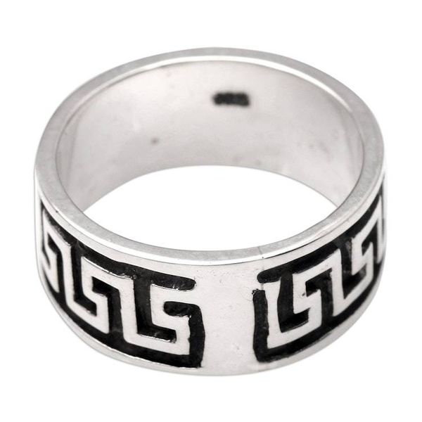 Alternate image for Wide Sterling Silver Mens Ring with Fretwork Design Ancient Fretwork