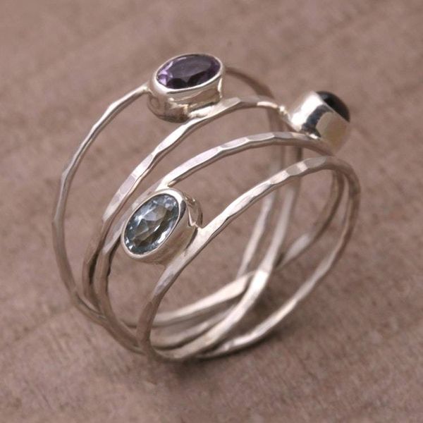 Alternate image for Amethyst Blue Topaz and Garnet Multi-Band Ring from Bali Eternal Majesty
