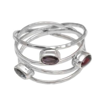 Alternate image for Amethyst Blue Topaz and Garnet Multi-Band Ring from Bali Eternal Majesty
