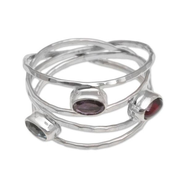 Alternate image for Amethyst Blue Topaz and Garnet Multi-Band Ring from Bali Eternal Majesty