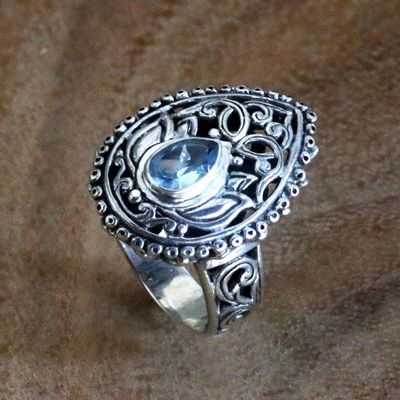 Primary image for Blue Topaz and Sterling Silver Balinese Style Cocktail Ring Lotus Spirit
