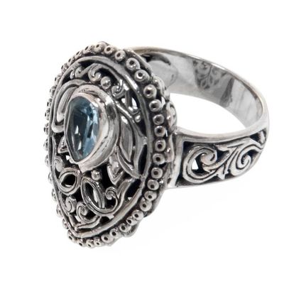 Alternate image for Blue Topaz and Sterling Silver Balinese Style Cocktail Ring Lotus Spirit
