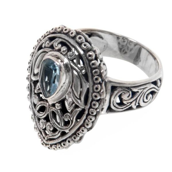 Alternate image for Blue Topaz and Sterling Silver Balinese Style Cocktail Ring Lotus Spirit
