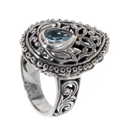 Alternate image for Blue Topaz and Sterling Silver Balinese Style Cocktail Ring Lotus Spirit