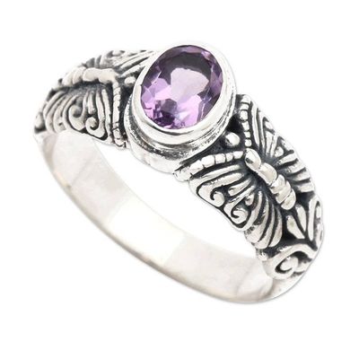 Alternate image for Butterfly-Themed Faceted Amethyst Single Stone Ring Wise Butterfly