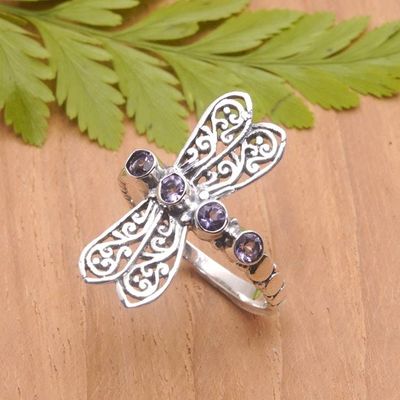 Primary image for Sterling Silver Dragonfly Cocktail Ring with Amethyst Stones Purple Dragonfly