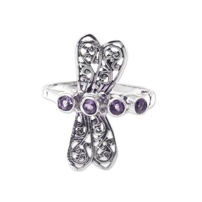 Alternate image for Sterling Silver Dragonfly Cocktail Ring with Amethyst Stones Purple Dragonfly