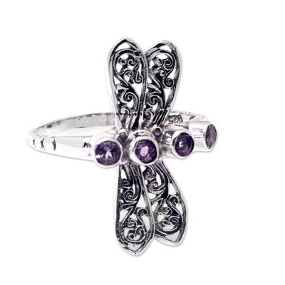 Alternate image for Sterling Silver Dragonfly Cocktail Ring with Amethyst Stones Purple Dragonfly