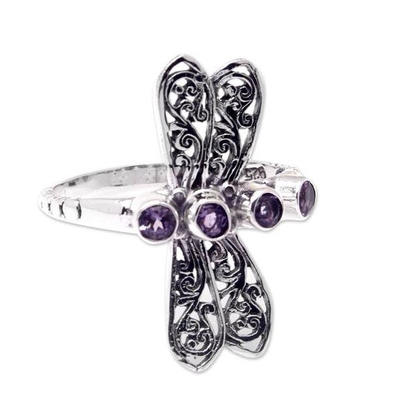 Alternate image for Sterling Silver Dragonfly Cocktail Ring with Amethyst Stones Purple Dragonfly
