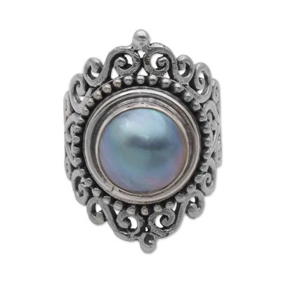 Alternate image for Dark 925 Silver Cultured Mabe Pearl Cocktail Ring from Bali Dark Love Vines