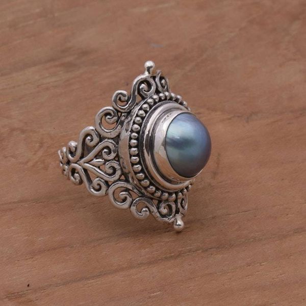 Alternate image for Dark 925 Silver Cultured Mabe Pearl Cocktail Ring from Bali Dark Love Vines